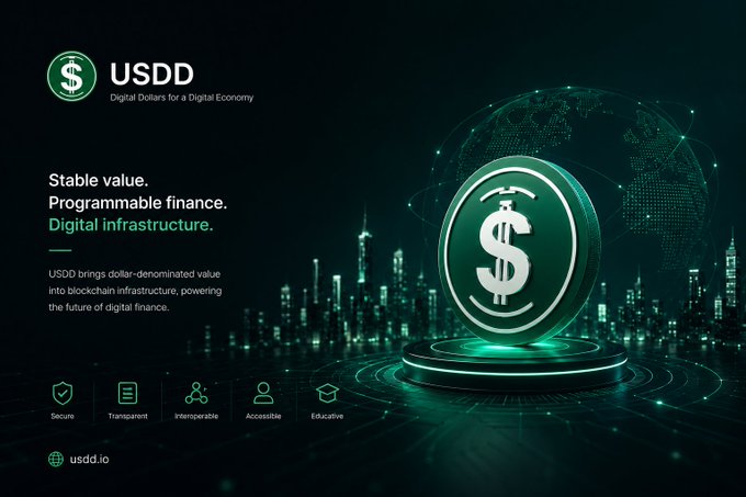 A promotional graphic for USDD stablecoin with the tagline 'USDD Digital Dollars for a Digital Economy, Stable value. Programmable finance. Digital infrastructure.' and website usdd.io.