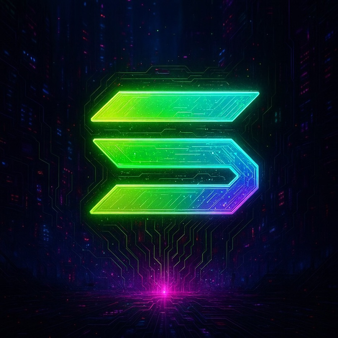 A glowing neon green and blue Solana "S" logo is displayed on a circuit board background with a pink light emanating from below, symbolizing the network's continued technological strength and reliability as it reaches 900 consecutive days of uptime.