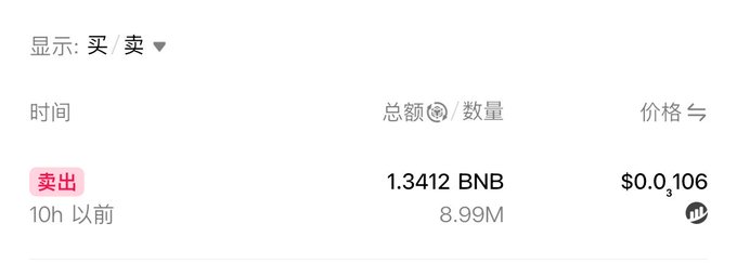 A screenshot of a crypto transaction history showing a sell ("卖出") order executed 10 hours ago for 8.99M tokens of a Trump-related memecoin at $0.00106, totaling 1.3412 BNB, illustrating the poster's boast about unexpectedly selling a Trump Jr. meme coin at a low price and "missing out" on nearly double the gains.