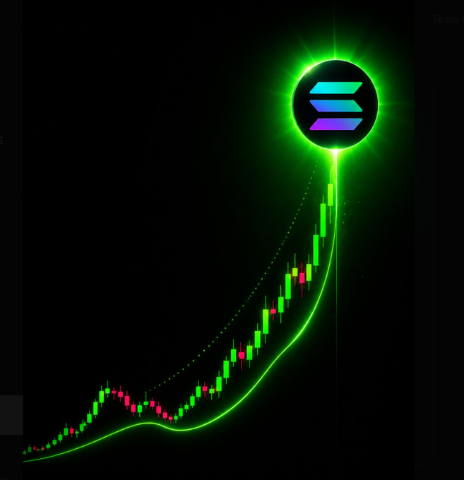 A glowing green candlestick chart surges upward in an exponential curve, culminating in a Solana logo emblem encircled by a radiant green halo, symbolizing an explosive, "parabolic" price breakout for a Solana-based project.
