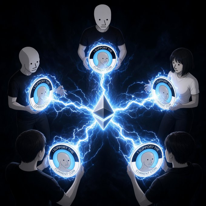 Digital artwork showing five figures (three wearing masks) arranged in a circle around a glowing Ethereum logo, with lightning effects connecting them, each holding a coin reading 'I SUPPORT THE CURRENT COIN'.