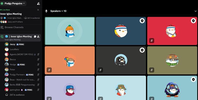 A Discord voice channel interface titled "Pudgy Penguins" showing a grid of ten speaker tiles featuring various penguin PFPs, with a list of audience members on the left.