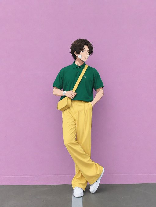 An anime-style character with brown hair leans against a pink wall, wearing a green polo shirt, yellow pants, a yellow crossbody bag, and white shoes.