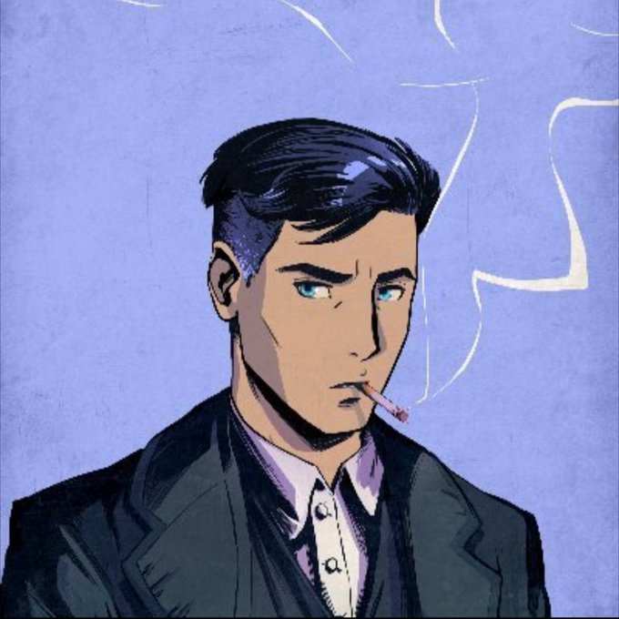 A comic-style illustration of a dark-haired man in a suit smoking a cigarette with smoke rising against a purple background.