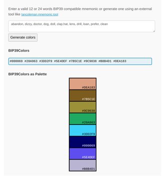 A screenshot of a BIP39 color generation tool displaying a mnemonic phrase starting with 'abandon' and generating a color palette featuring hex codes like #000000, #20A9CE, and #9C9B36.
