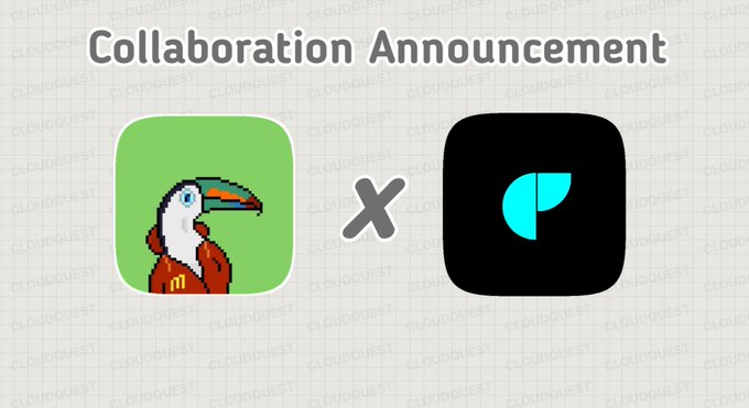 A 'Collaboration Announcement' graphic showing two app icons side by side with an 'x' between them: a pixel-art toucan on a green background and a teal leaf/feather logo on a black background, set against a grid-patterned 'CLOUDQUEST' watermark.