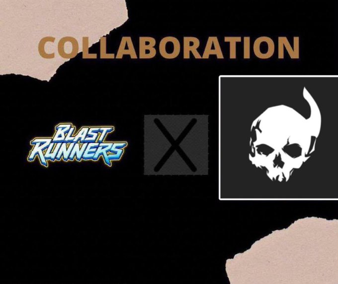 Announcement graphic with 'COLLABORATION' text, featuring the 'Blast Runners' logo and a white skull logo separated by an 'X'.
