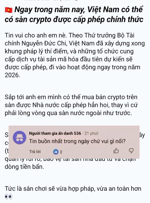 A screenshot of a Vietnamese news article titled 'Ngay trong năm nay, Việt Nam có thể có sàn crypto được cấp phép chính thức' discussing Vietnam's licensed crypto exchanges in 2026, with a comment reading 'Tin buồn nhất trong ngày chứ vui gì nổi?'.