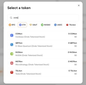 A 'Select a token' interface showing a search for 'ondo' with results including COINon (Coinbase Ondo Tokenized Stock), QBTSon (D-Wave Quantum Ondo Tokenized Stock), NVDAnon (NVIDIA Ondo Tokenized Stock), MSTRon (MicroStrategy Ondo Tokenized Stock), and TSLAon (Tesla Ondo Tokenized Stock).