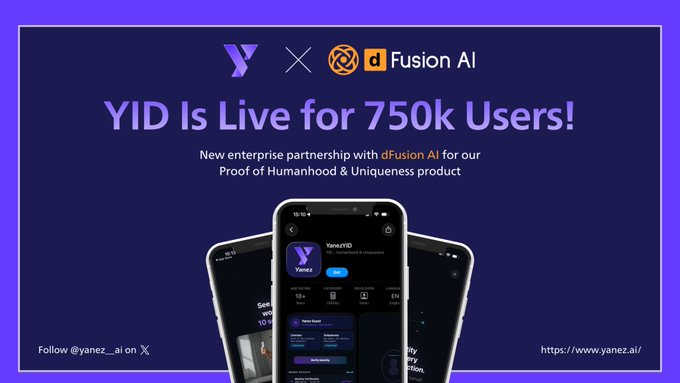 A promotional graphic announcing 'YID Is Live for 750k Users!' featuring a partnership between Yanez and dFusion AI for their Proof of Humanhood & Uniqueness product, with website https://www.yanez.ai/.