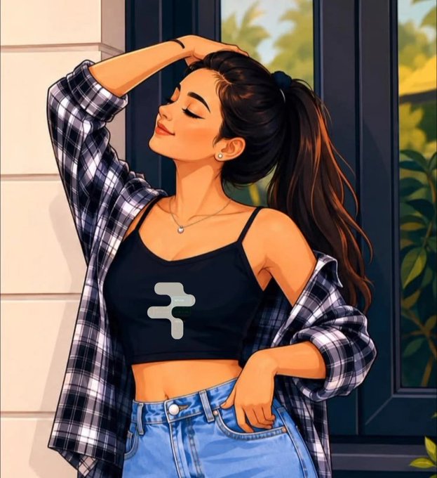 A stylized illustration of a young woman with a ponytail wearing a black crop top with a logo, an unbuttoned plaid shirt, and jeans, posing against a background with a window and plants.