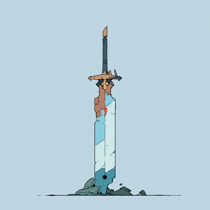 An illustrated sword with a large, cracked blade stands upright, impaled into a pile of rocks.