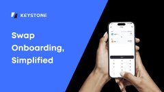 A hand holds a smartphone displaying the Keystone wallet app interface, alongside the "KEYSTONE" logo and the text "Swap Onboarding, Simplified." The image visually reinforces the post's message by showcasing the seamless cross-chain swap functionality available through the Keystone 3 Pro + Nexus, highlighting how effortless self-custody asset swaps can be.