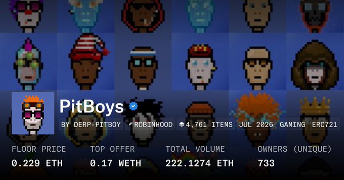 A digital interface displays an NFT collection named 'PitBoys' by 'DERP-PITBOY' and 'ROBINHOOD', showing 4,761 items with a floor price of 0.229 ETH, top offer of 0.17 WETH, and 733 unique owners.