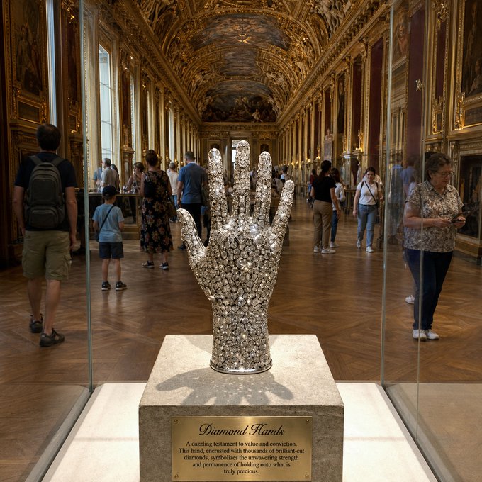A large silver sculpture of a hand encrusted with thousands of diamonds, titled 'Diamond Hands,' is displayed in an ornate museum gallery with gilded ceilings and visitors walking around.