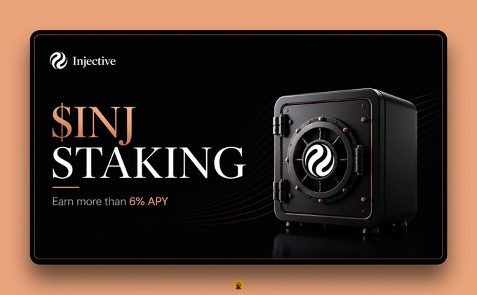 An advertisement for Injective's '$INJ STAKING' service showing a black safe with the Injective logo and text 'Earn more than 6% APY'.
