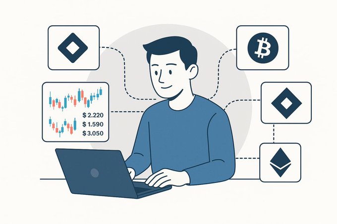 An illustration of a person at a laptop with cryptocurrency icons (Bitcoin, Ethereum, BNB) and a candlestick chart showing prices of $2.220, $1.590, and $3.050.