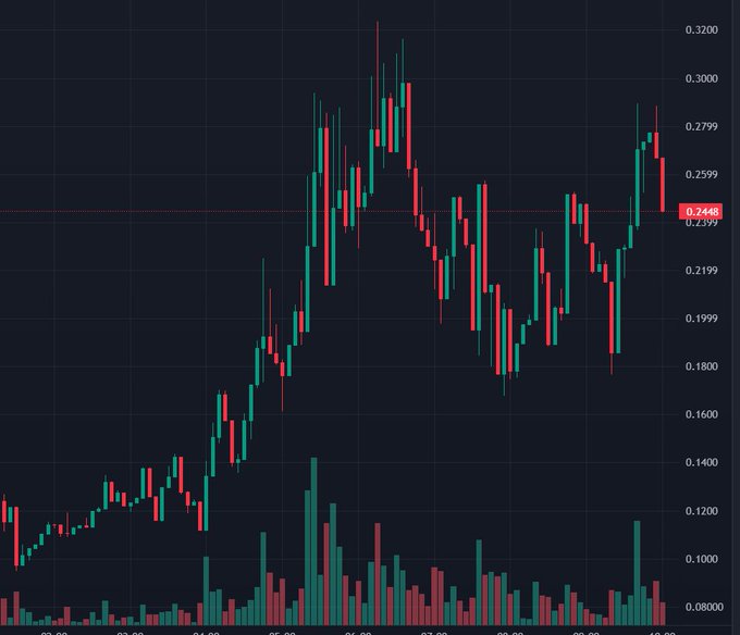 A candlestick chart on a dark background displays price action ranging from approximately 0.0800 to 0.3200, with a red price level marked at 0.2448 and volume bars shown below.