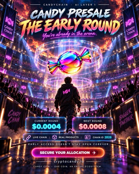 A promotional poster for 'CANDY PRESALE: THE EARLY ROUND' by CANDYCHAIN (AI LAYER 1), featuring a glowing candy in an arena with text 'You're already in the arena' and a button reading 'SECURE YOUR ALLOCATION'.