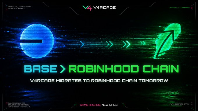 A promotional graphic stating 'V4RCARCADE MIGRATES TO ROBINHOOD CHAIN TOMORROW' with 'BASE > ROBINHOOD CHAIN' displayed prominently, featuring blue and green logos.