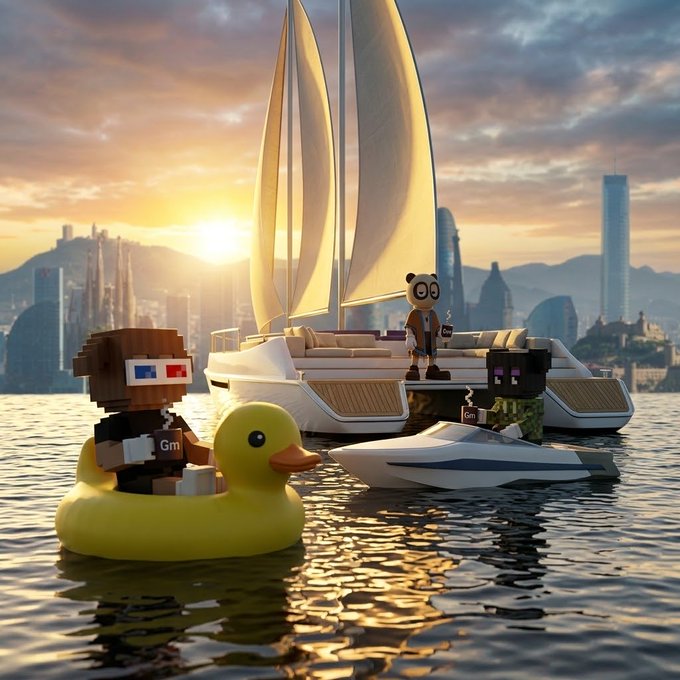 A whimsical 3D render features Minecraft-style characters, including one on a yellow rubber duck and another on a jet ski, next to a sailboat against a city skyline at sunset.