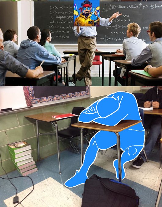 A two-panel meme showing a classroom where the top half has a teacher replaced by a drawing of Post Malone at the chalkboard, and the bottom half shows a student slumped over a desk replaced by a blue cartoon figure sitting on a backpack.