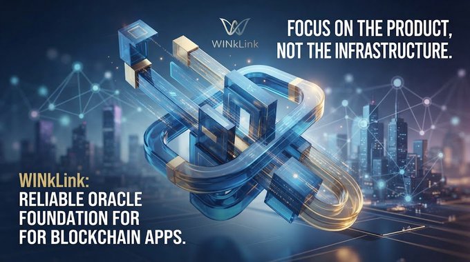 A promotional graphic for WINkLink blockchain oracle service, featuring a 3D link logo with text "FOCUS ON THE PRODUCT, NOT THE INFRASTRUCTURE" and "WINkLink: RELIABLE ORACLE FOUNDATION FOR BLOCKCHAIN APPS".