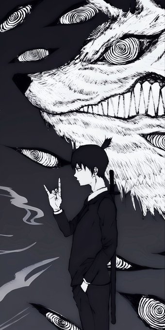 Black and white manga-style illustration of a young man smoking a cigarette, with multiple hypnotic spiral eyes watching him from a monstrous shadowy face in the background.