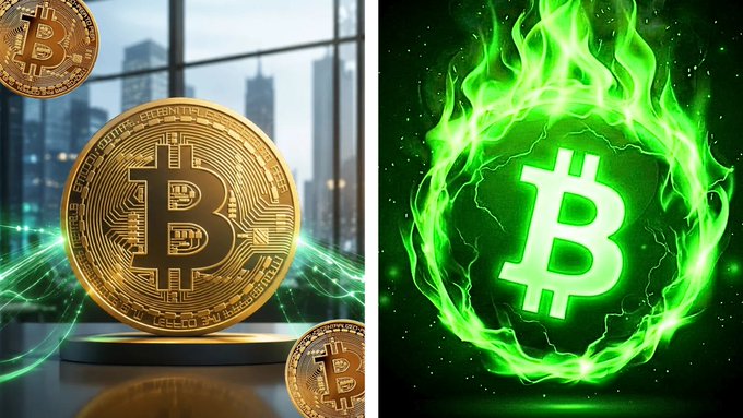 Two images of Bitcoin: a physical gold Bitcoin coin on the left and a glowing green Bitcoin logo surrounded by flames on the right.