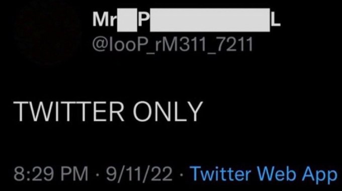 A screenshot of a tweet from "Mr [redacted] L" (@looP_rM311_7211) posted at 8:29 PM on 9/11/22 via Twitter Web App, reading simply "TWITTER ONLY" — suggesting the account only shares content on Twitter, tying into the post's speculation about Mr Pool returning with $XRP discussion.