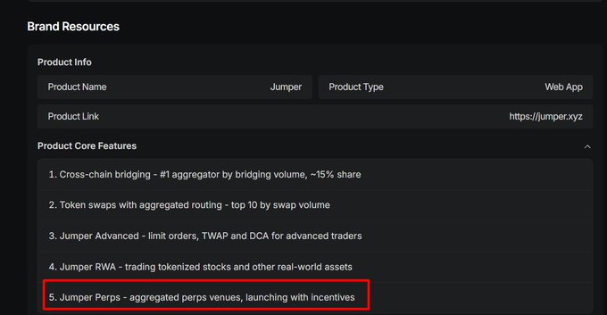 Brand resources document for the product 'Jumper' (Web App), highlighting its core features including cross-chain bridging, token swaps, Jumper Advanced, Jumper RWA, and Jumper Perps (aggregated perps venues with incentives), with the last item circled in red.