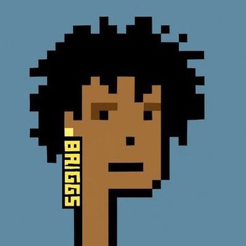Pixel art portrait of a dark-skinned person with curly black hair against a blue background, featuring the yellow vertical text 'BRIGSS' on the side of their face.
