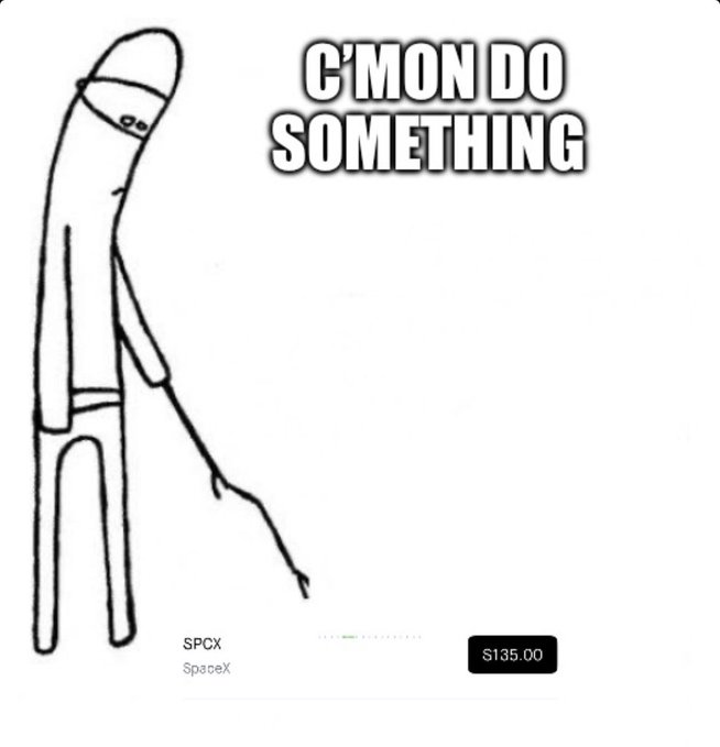 The image features a black and white drawing of a person holding a stick, with the caption "C'mon do something" written above them. The image also includes an item for sale that says "SPACEX $GME SPCX". This suggests that there is a sale or promotion related to space exploration or rocketry products in the image.