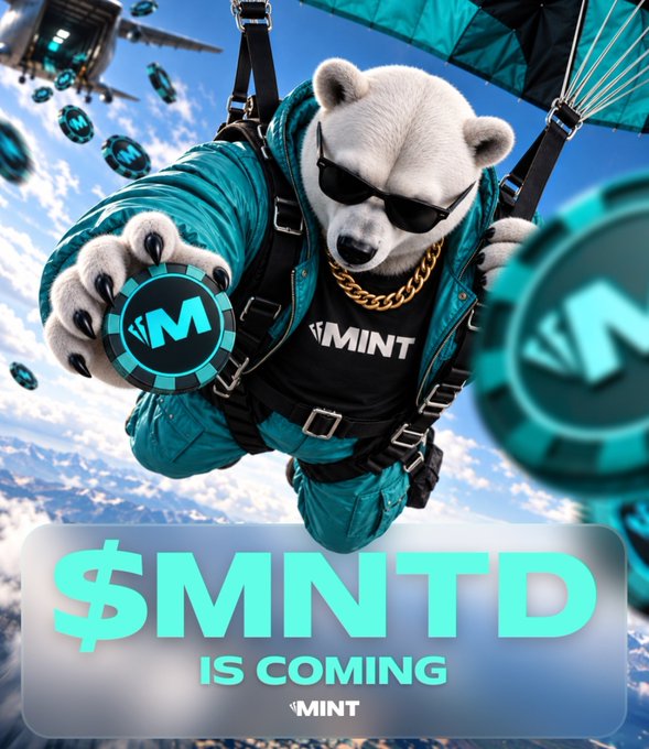 A promotional graphic featuring a polar bear in sunglasses and a 'MINT' shirt skydiving while holding a token with the MNT logo, with the text '$MNTD IS COMING.'