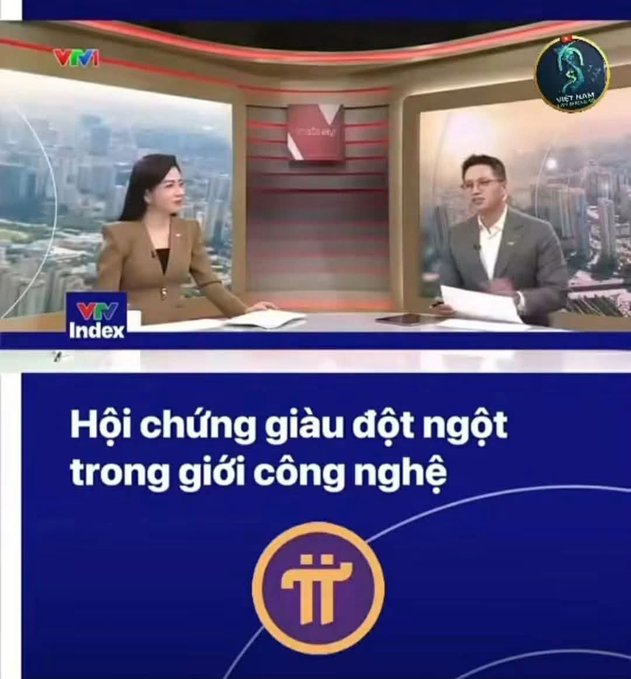 A Vietnamese news broadcast from VTV1 discussing crypto billionaires in the tech world, with text reading 'Hội chứng giàu đột ngột trong giới công nghệ' and a Pi Network logo.