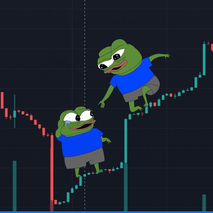 Two cartoon Pepe the Frog characters are superimposed on a dark stock market candlestick chart, with one crying and the other appearing distressed.