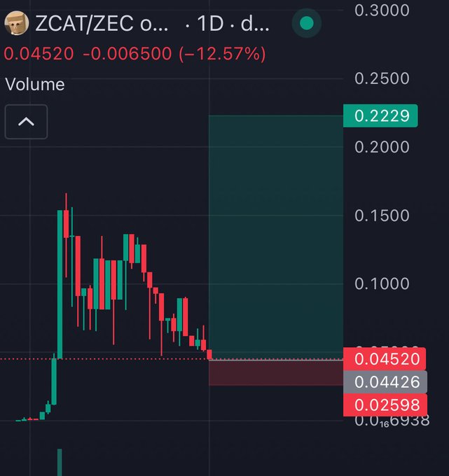 A cryptocurrency chart for ZCAT/ZEC showing the price at 0.04520, down 12.57%, with a 1D candlestick display.