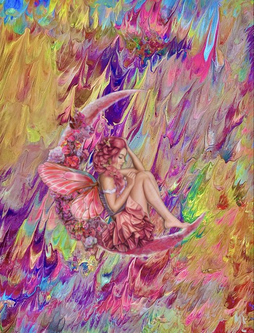 A vibrant, colorful digital painting of a fairy with pink wings and a flower-adorned dress sitting on a crescent moon, surrounded by dripping, abstract rainbow colors.