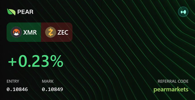 A crypto trading dashboard for "PEAR" showing XMR and ZEC pairs, indicating a positive change of "+0.23%" with an entry price of 0.10846, mark of 0.10849, and referral code "pearmarkets".