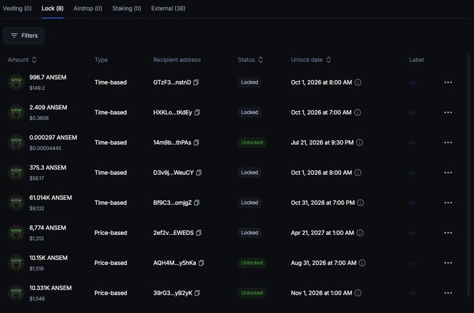 A cryptocurrency token unlock dashboard showing various ANSEM token distributions with statuses labeled 'Locked' and 'Unlocked' across different dates in 2026-2027.