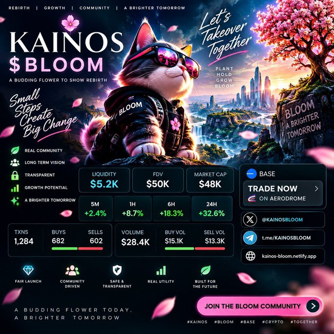 A promotional graphic for 'KAINOS $BLOOM' cryptocurrency featuring a cat in sunglasses, displaying metrics like Liquidity $5.2K, FDV $50K, and Market Cap $48K, with a 'TRADE NOW ON AERODROME' button.