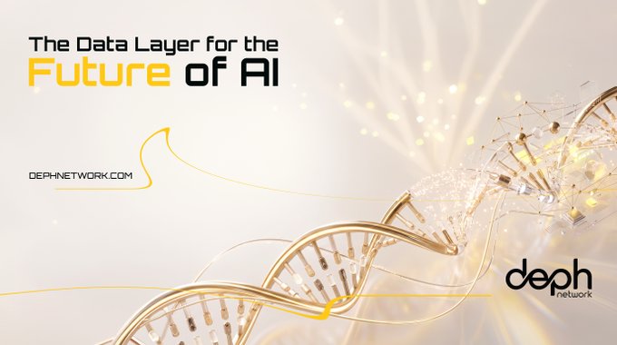 A sleek promotional graphic for DePH Network features a glowing golden DNA double helix intertwined with network nodes, accompanied by the tagline "The Data Layer for the Future of AI," the website "dephnetwork.com," and the DePH Network logo. The image visually reinforces the post's message by symbolizing how health biology and AI-driven data networks converge, with user-controlled data powering smarter future AI.