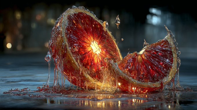 A hyper-realistic image of a sliced blood orange with juice dripping down and water droplets suspended in mid-air, backlit to reveal its glowing red flesh.