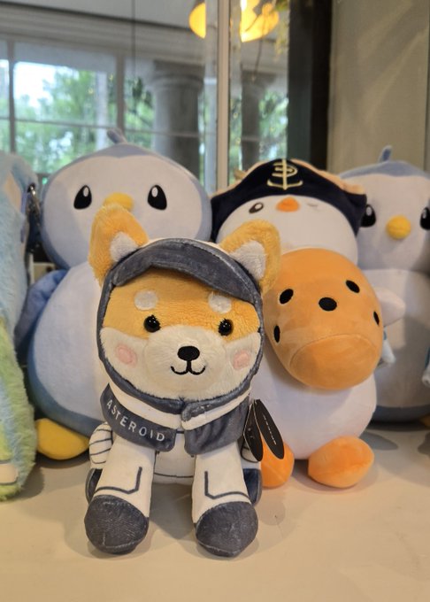 A photograph of several plush toys, most notably a Shiba Inu wearing a gray astronaut suit with 'ASTEROID' written on it, sitting among other stuffed animals.