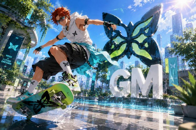 An anime-style illustration of a red-haired character skateboarding in a futuristic city with 'GM' text and a large butterfly logo, featuring banners reading 'WE'RE FUTUR ORCHAIN'.