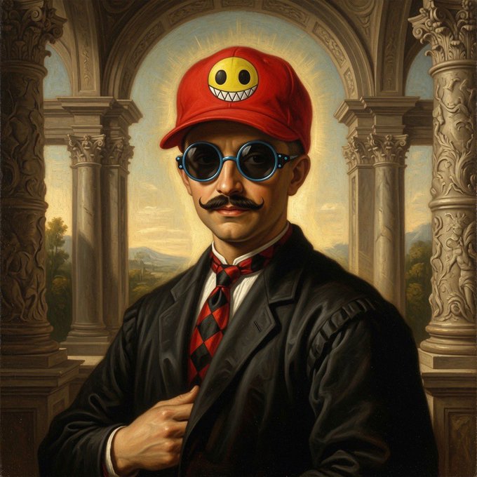 A classical-style portrait of a man with a mustache wearing a red cap featuring a smiley face, blue sunglasses, and a black robe with a red and black tie, set against a backdrop of ornate stone columns and a distant landscape.