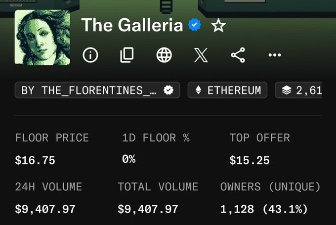 A screenshot of an NFT collection page titled 'The Galleria' by THE_FLORENTINES_ on the Ethereum blockchain, showing a floor price of $16.75 and 24H volume of $9,407.97.
