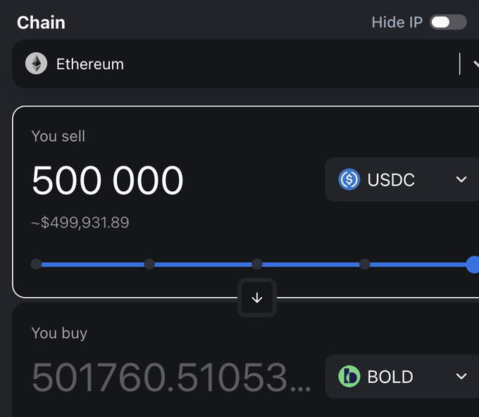 A crypto exchange swap interface on Ethereum showing a sell of 500,000 USDC (~$499,931.89) to buy 501,760.51053 BOLD.