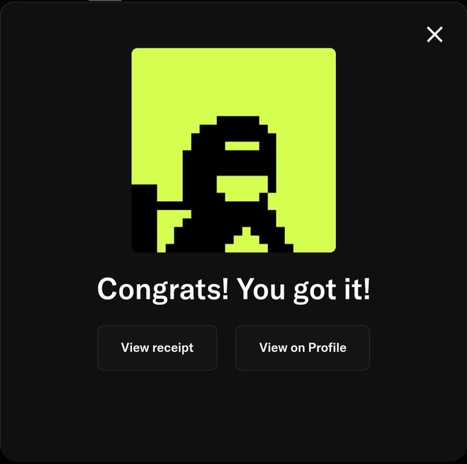 A dark-themed pop-up notification showing a pixelated character silhouette on a green background with the text 'Congrats! You got it!' and buttons for 'View receipt' and 'View on Profile'.