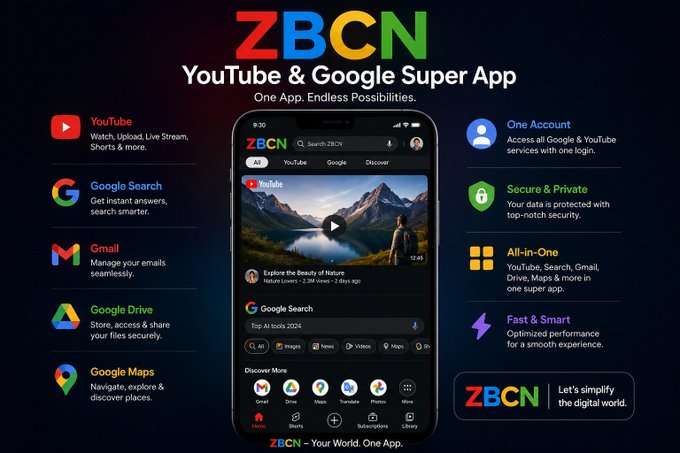 The image features a smartphone screen displaying an app called ZBCN, which stands for "ZBCN YouTube & Google Super App". The app allows users to stream videos from YouTube onto their devices using Google Drive as a storage solution. It also offers various features such as video editing and sharing capabilities, making it a versatile tool for both entertainment and productivity purposes.